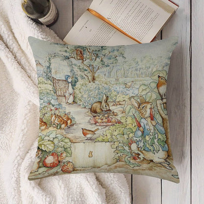 Beatrix Potter Storybook Characters in Garden Linen Throw Pillow Cover