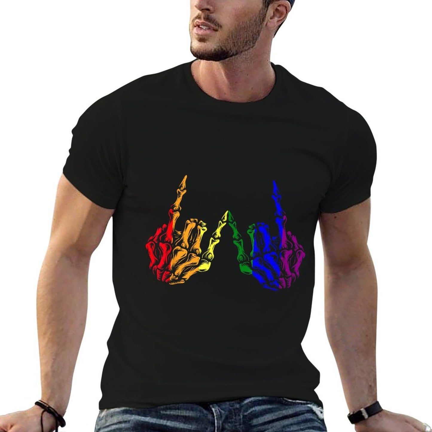 Skeleton Rock Hand LGBT-Q Cool Rainbow Gay Pride Ally  Summer-ready Fabric T-Shirt