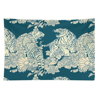 Teal And Cream Tigers And Flowers Tapestry