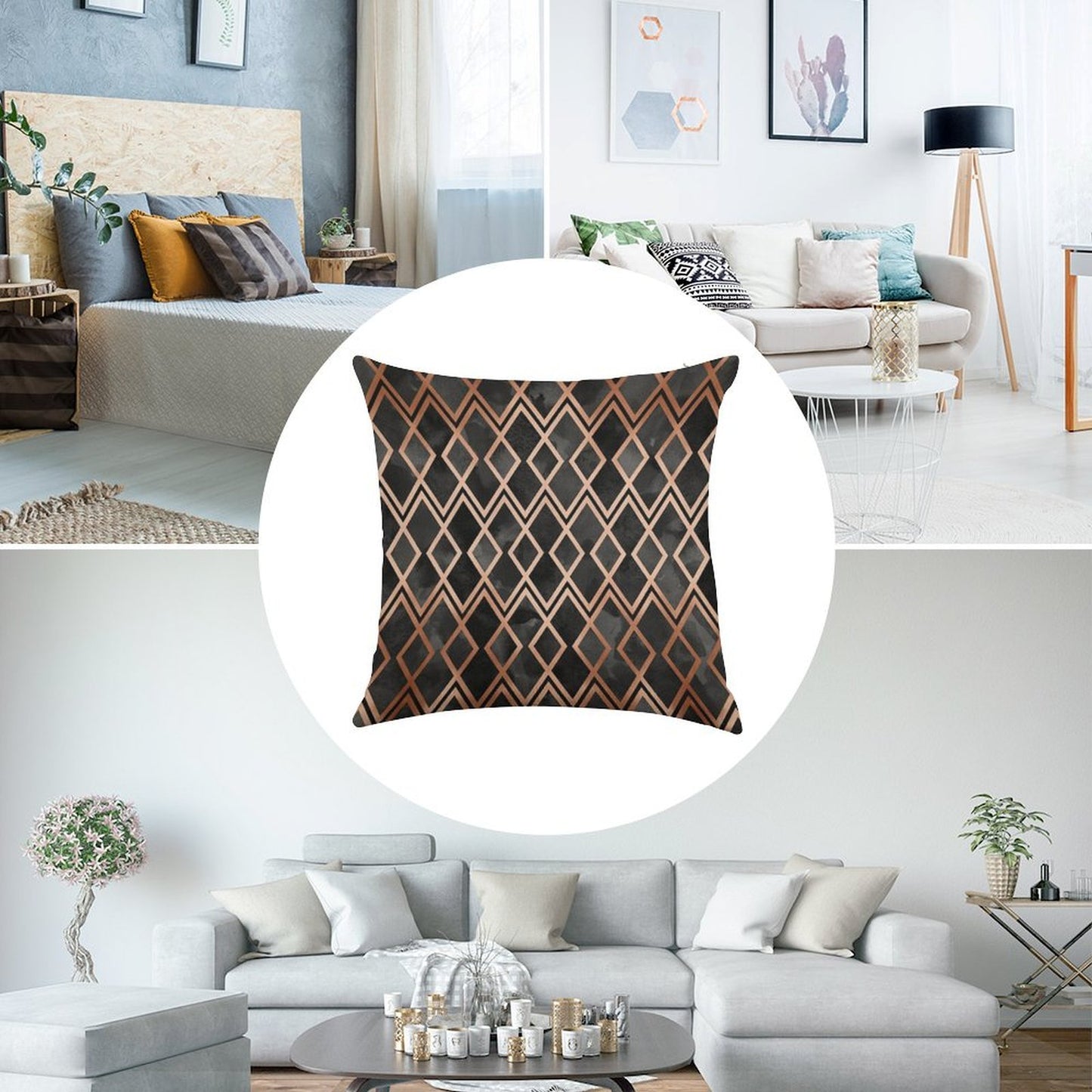 Copper And Black Geo Diamonds Linen Throw Pillow Cover