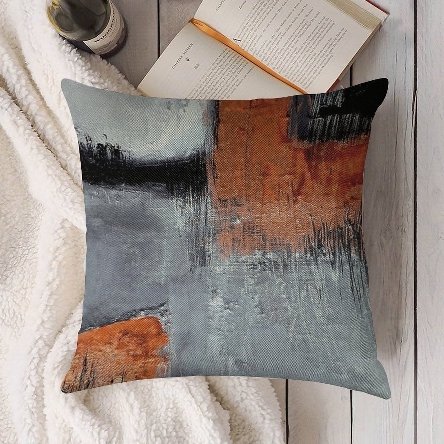 Black Orange Abstract Linen Throw Pillow Cover