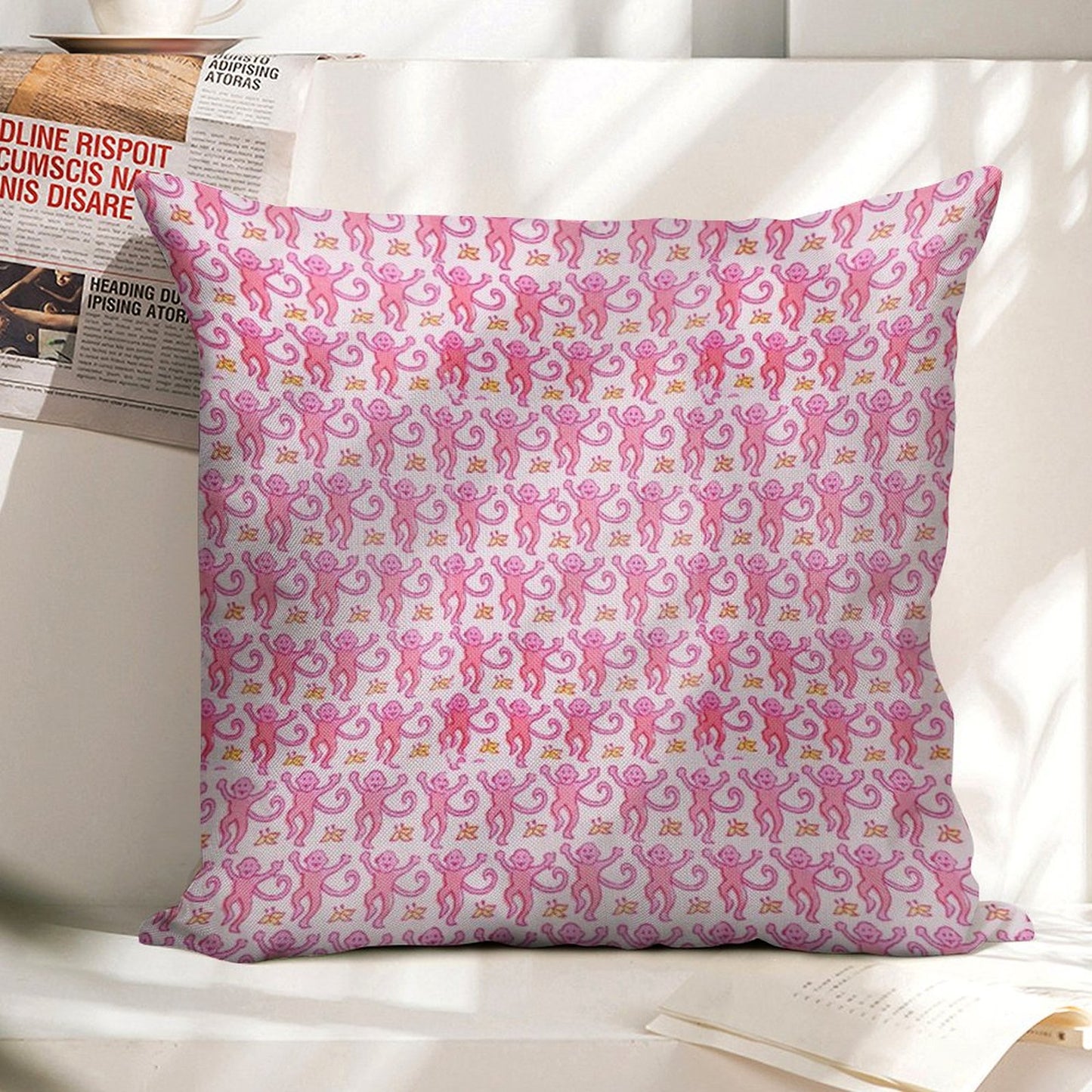 Pink Monkeys Linen Throw Pillow Cover
