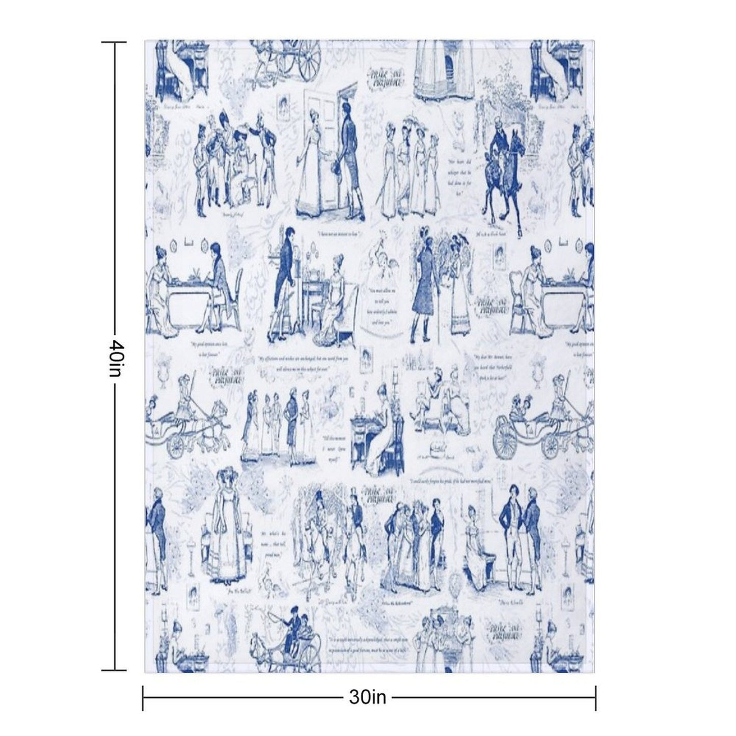 Pride And Prejudice Blue Toile Illustrations Quotes Pattern Throw Blanket