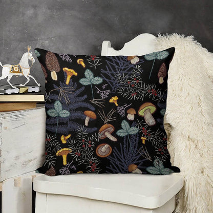 Dark Wild Forest Mushrooms Linen Throw Pillow Cover