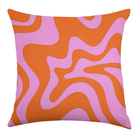 Retro Liquid Swirl Abstract Pattern Square in Hot Pink And Red-Orange Linen Throw Pillow Cover