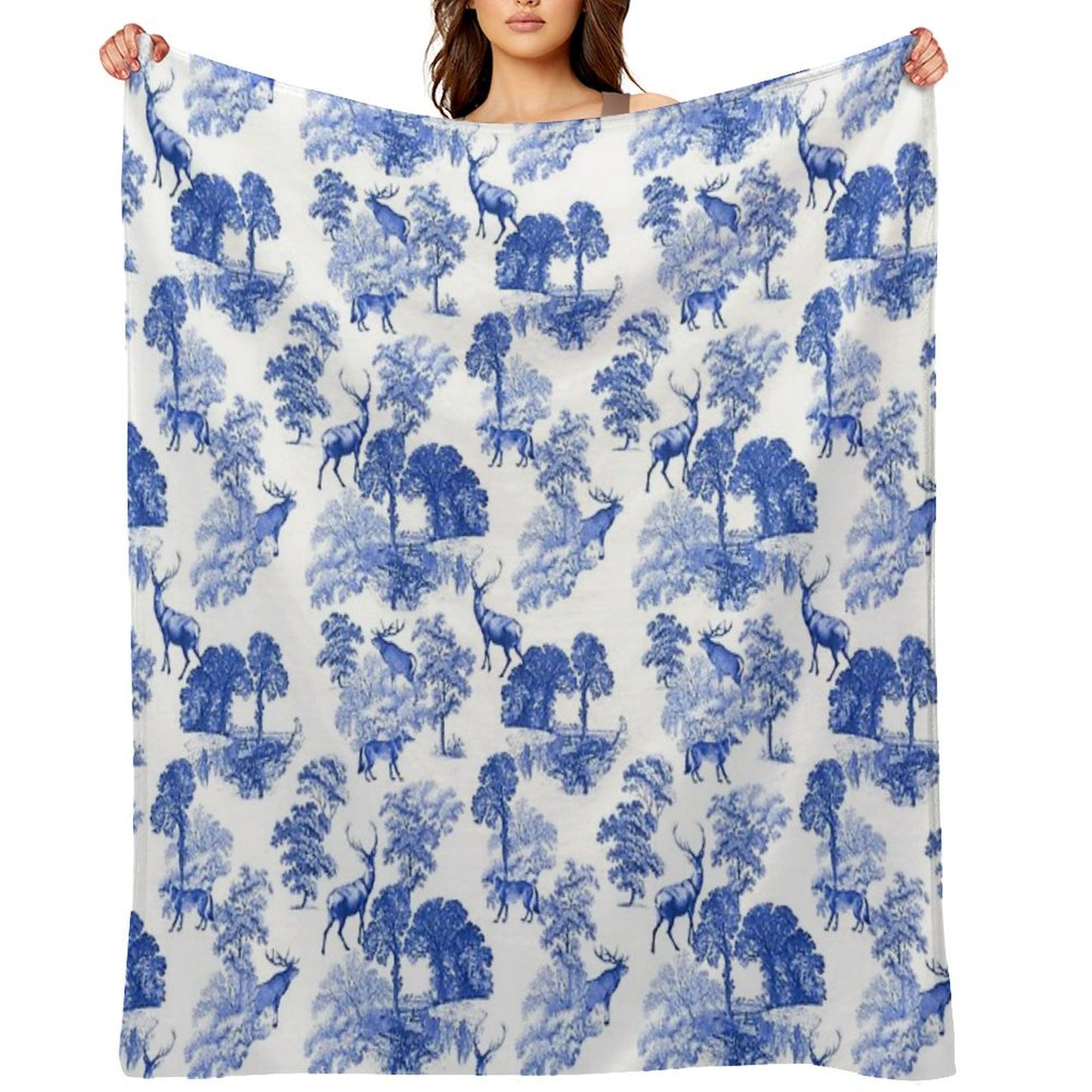 Elegant Vintage Blue Toile Deer in Woodland Throw Blanket