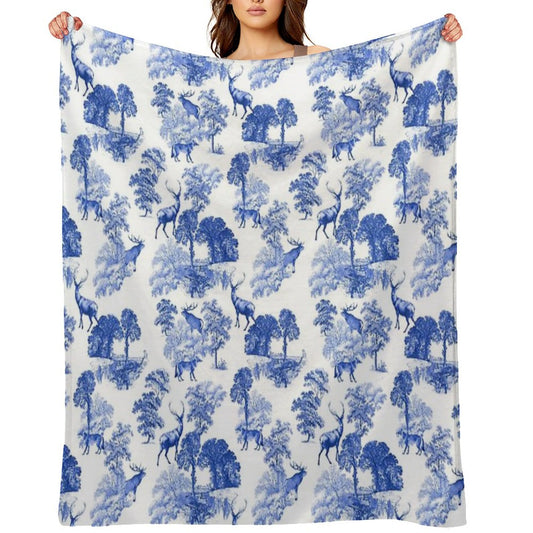 Elegant Vintage Blue Toile Deer in Woodland Throw Blanket