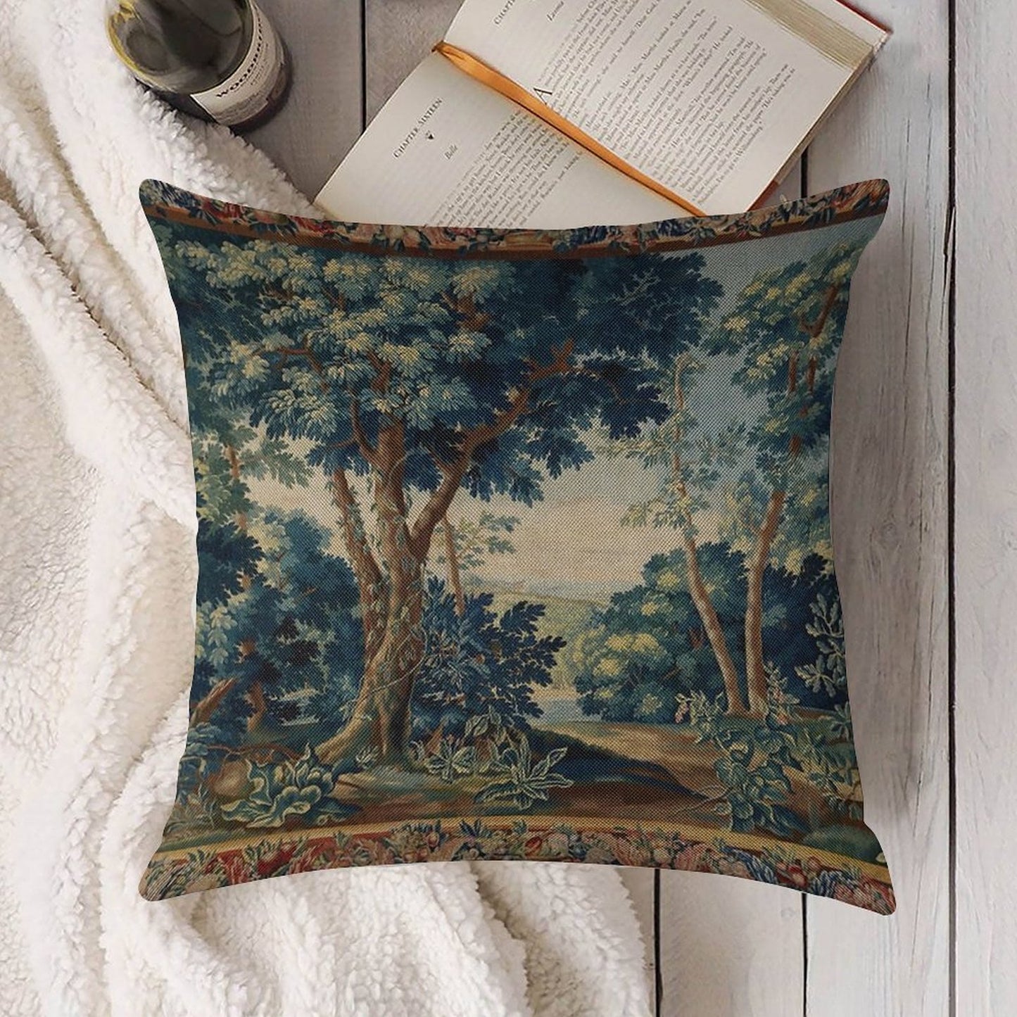 GREENERY, TREES IN WOODLAND LANDSCAPE Antique Flemish Tapestry Linen Throw Pillow Cover
