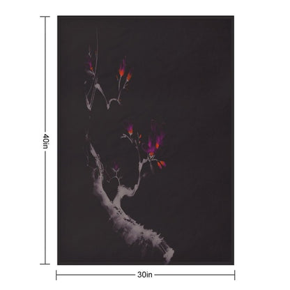 Enchanting Oriental Artwork of A Budding Sakura Branch with Deep Violet Flowers Art Print Throw Blanket
