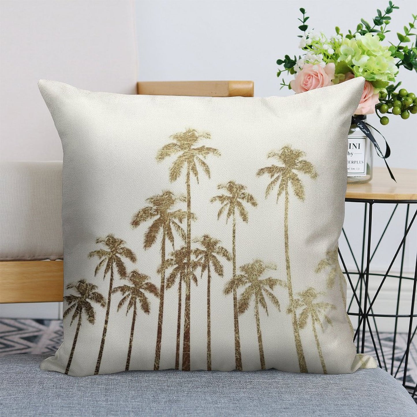 Glamorous Gold Tropical Palm Trees on White Linen Throw Pillow Cover