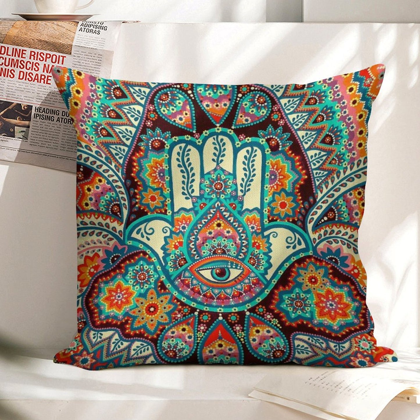 Hamsa Hand Linen Throw Pillow Cover