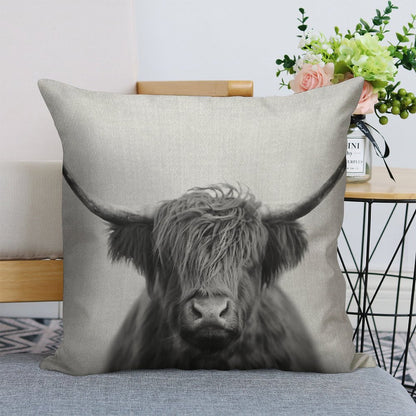 Highland Cow - Black & White Linen Throw Pillow Cover