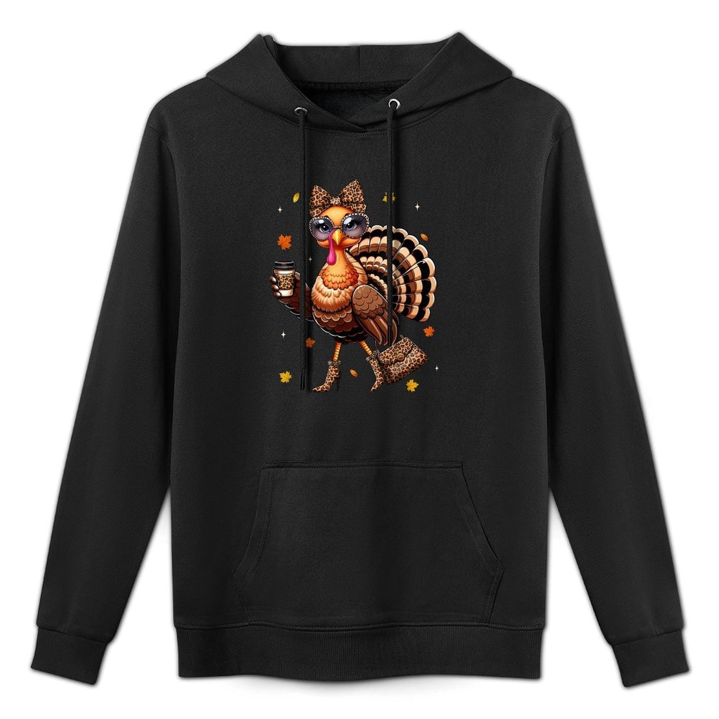 Leopard Turkey Drinking Coffee Thanksgiving Women Turkey Day Cotton-Polyester Blend Hoodie