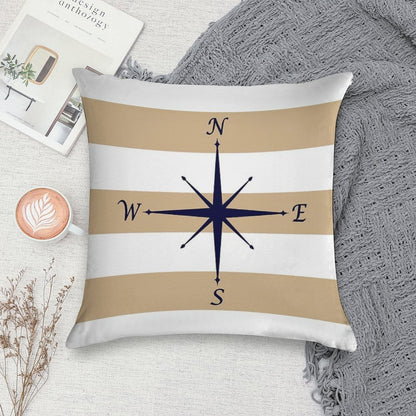 Nautical Navy Blue Compass On Tropical Tan And White Stripes Soft Durable Construction Throw Pillow
