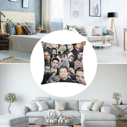 Sebastian Stan Collage Linen Throw Pillow Cover