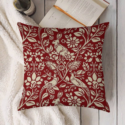 Pheasant And Hare Pattern, Deep Red And Cream Linen Throw Pillow Cover