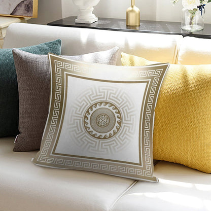 Greek Key Meander Bronze White Soft Fade-Resistant Throw Pillow