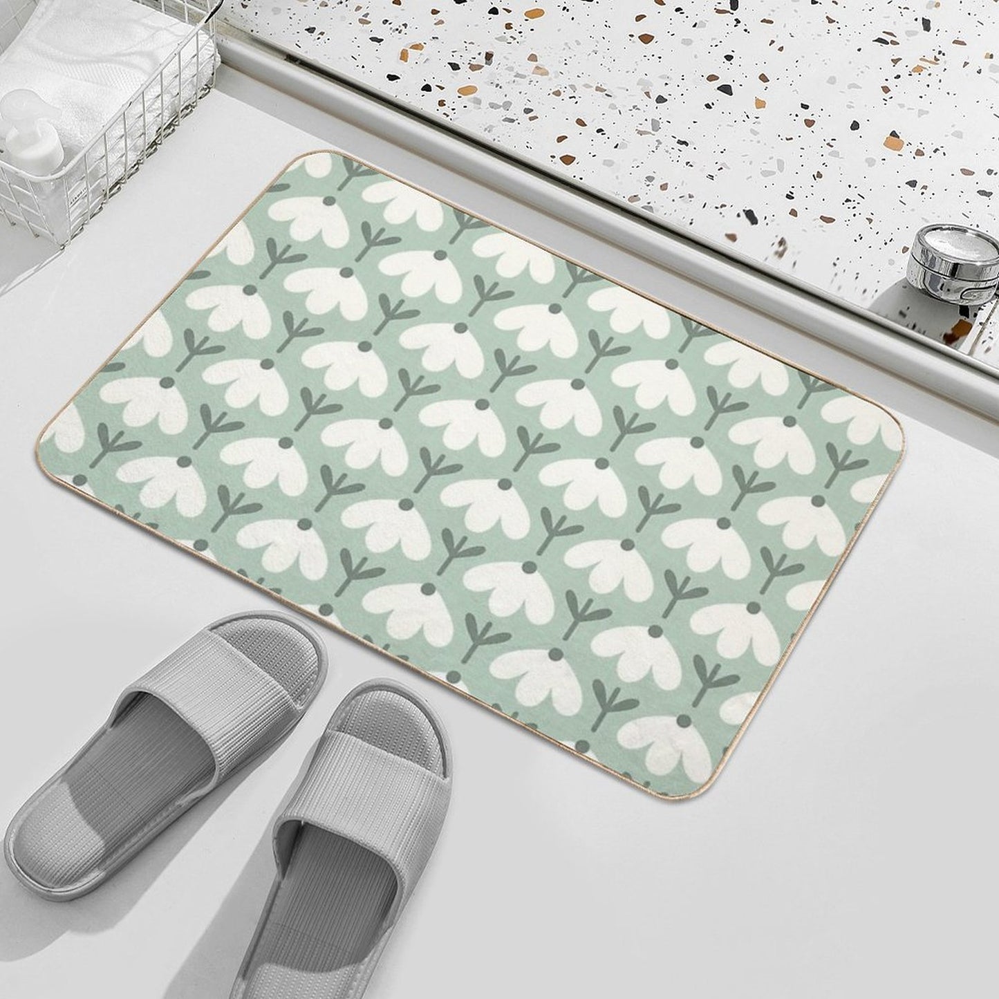 Bold Petal Flowers – Sage Green & Cream – Retro Playful Floral  Fade-Resistant Bath Mat