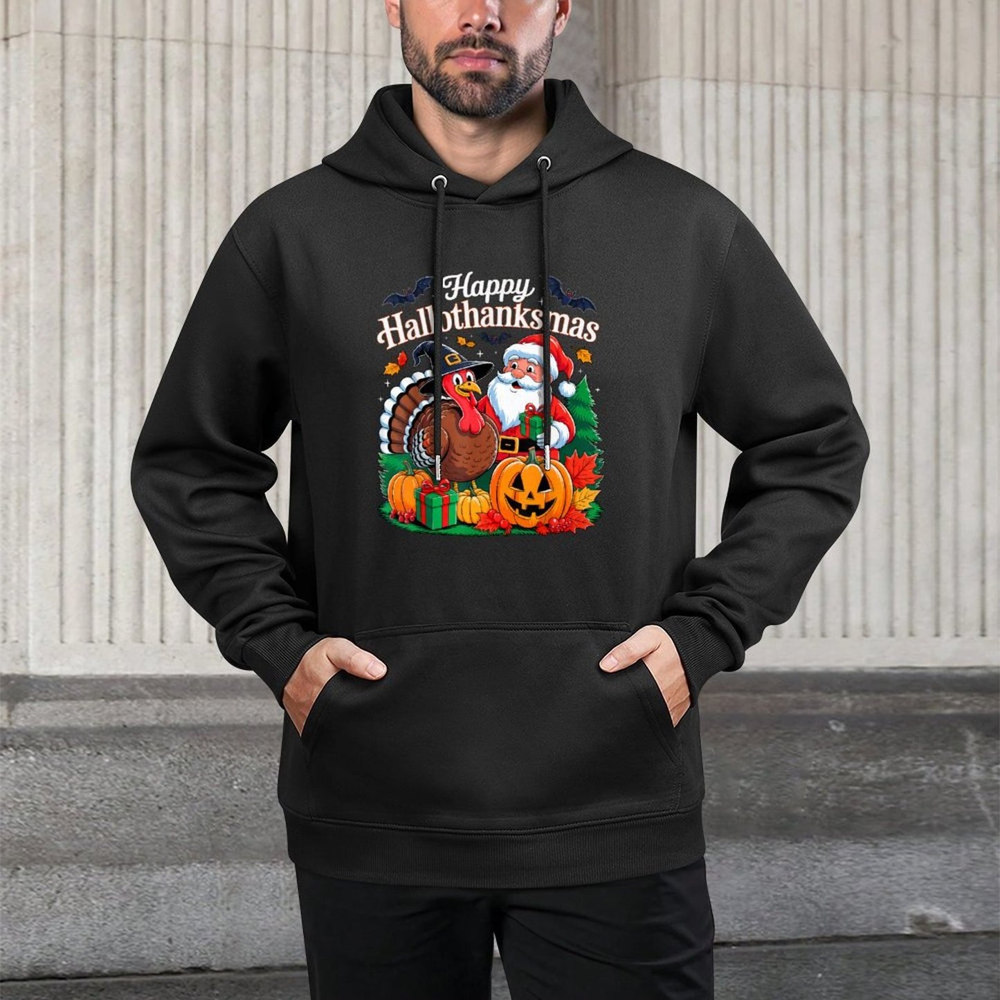 Happy Hallothanksmas Halloween Thanksmas Xmas Thanksgiving Medium-Weight Fabric Hoodie