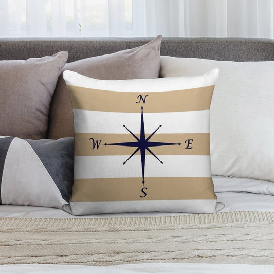 Nautical Navy Blue Compass On Tropical Tan And White Stripes Soft Durable Construction Throw Pillow
