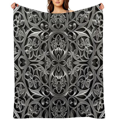 Luxurious Filigree Fern 3D Print - Silver And Black Designer Pattern for A Modern Classic Glam Home VI Throw Blanket