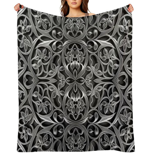 Luxurious Filigree Fern 3D Print - Silver And Black Designer Pattern for A Modern Classic Glam Home VI Throw Blanket