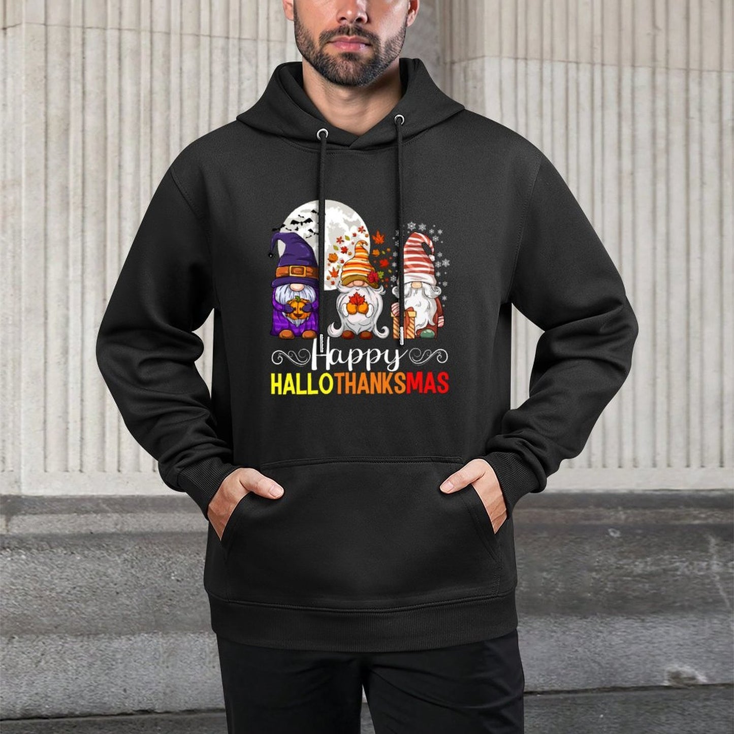 Halloween Thanksgiving Christmas Happy HalloThanksMas Gnomes Cotton-Polyester Blend Hoodie