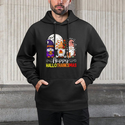 Halloween Thanksgiving Christmas Happy HalloThanksMas Gnomes Cotton-Polyester Blend Hoodie