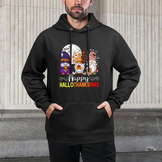 Halloween Thanksgiving Christmas Happy HalloThanksMas Gnomes Cotton-Polyester Blend Hoodie