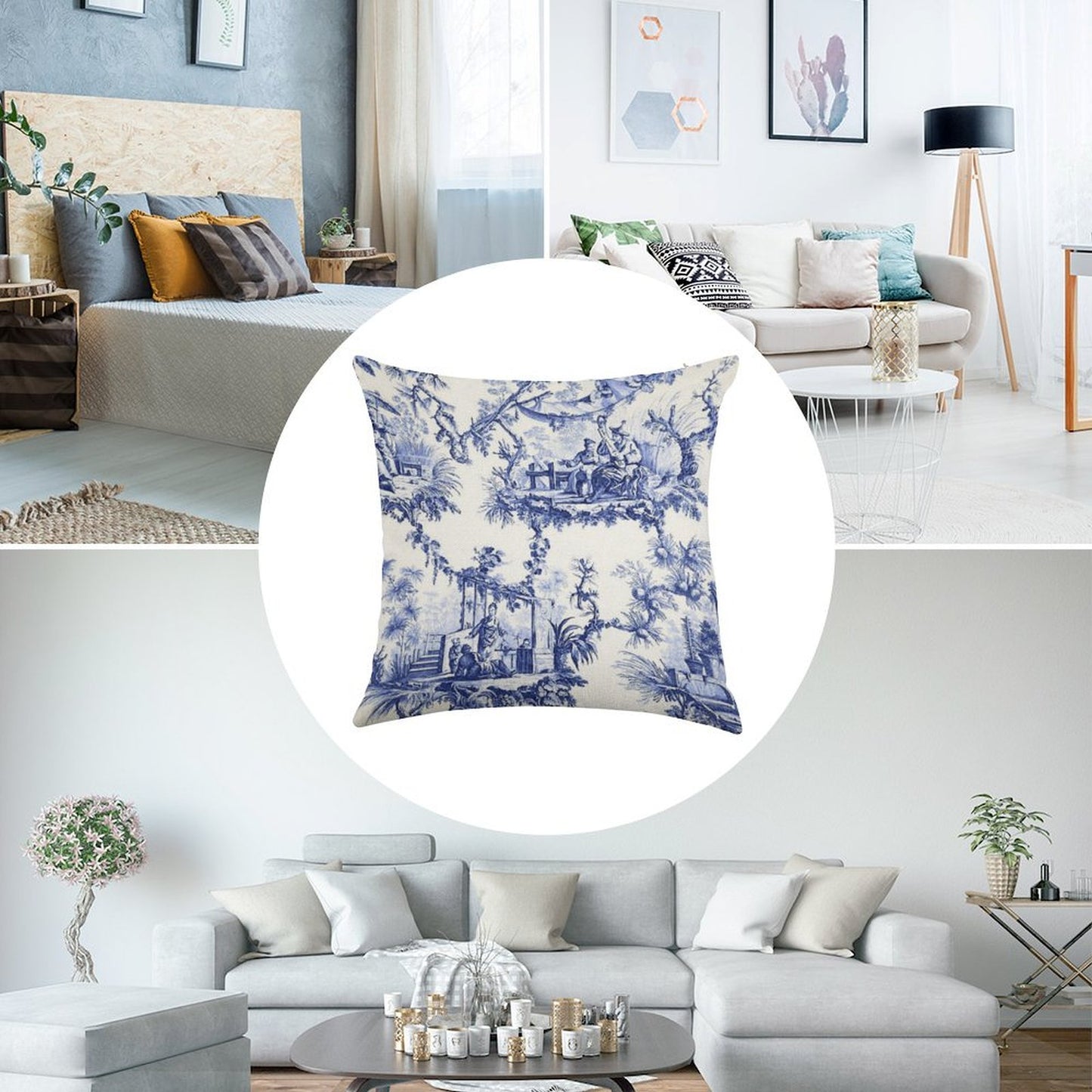 Blue Chinoiserie Toile Linen Throw Pillow Cover