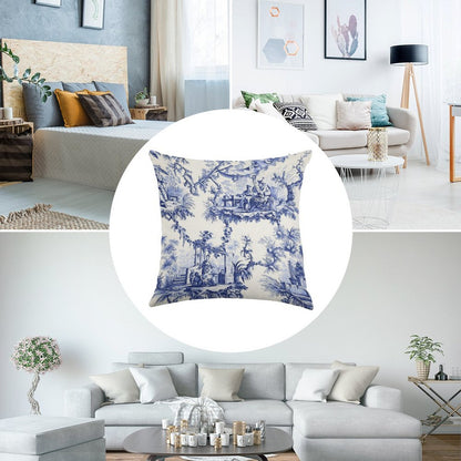 Blue Chinoiserie Toile Linen Throw Pillow Cover