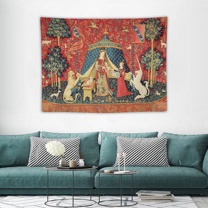 LADY AND THE UNICORN DESIRE ,Lion,Fantasy Flowers,Animals,Red Green Floral Tapestry Tapestry