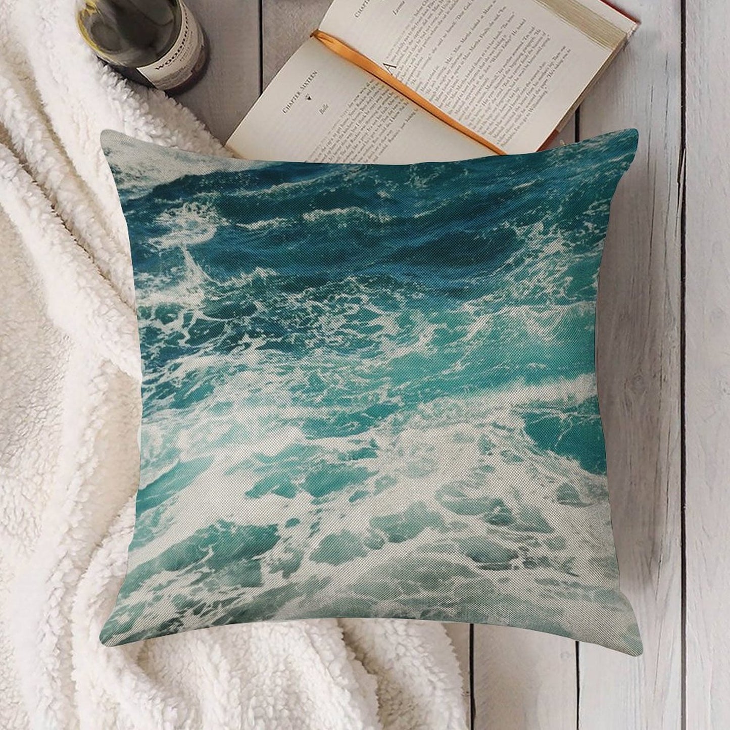 Blue Ocean Waves Linen Throw Pillow Cover