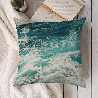 Blue Ocean Waves Linen Throw Pillow Cover