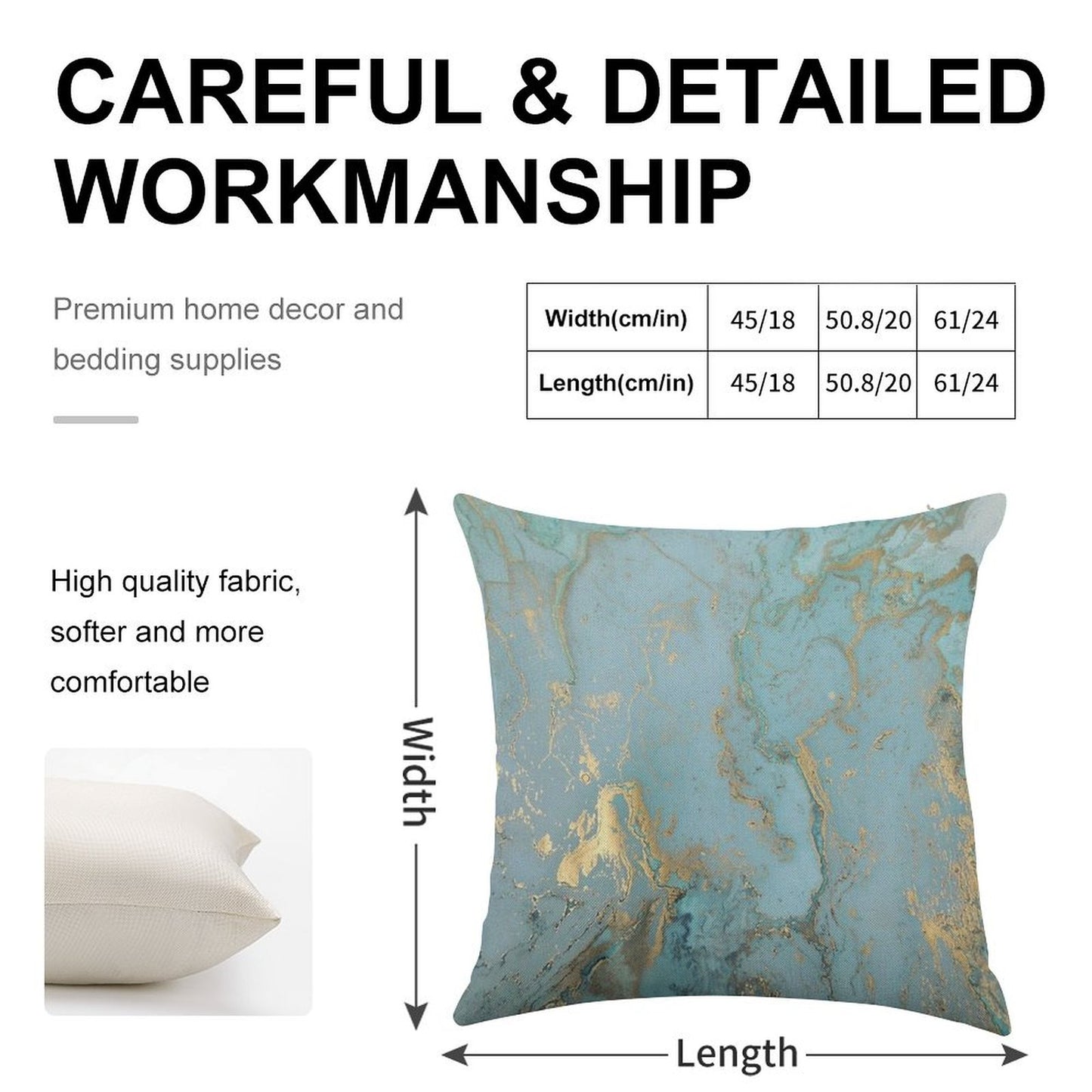 Marble Design - Gold Effect - Turquoise Blue, Teal Marbling Linen Throw Pillow Cover