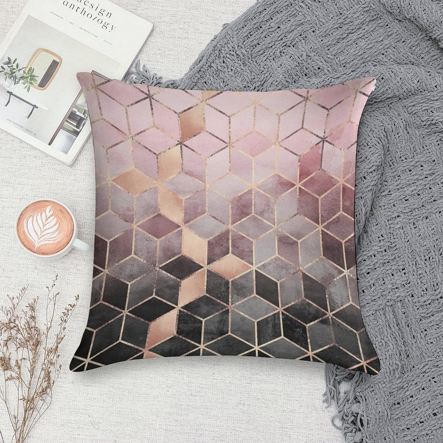 Pink And Grey Gradient Cubes Soft High-Density Material Throw Pillow