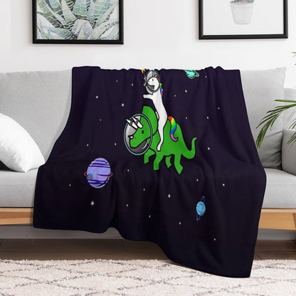 Unicorn Riding Triceratops In Space Throw Blanket