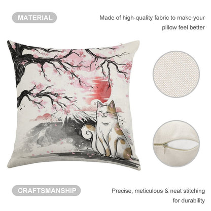 Sakura Cat Linen Throw Pillow Cover