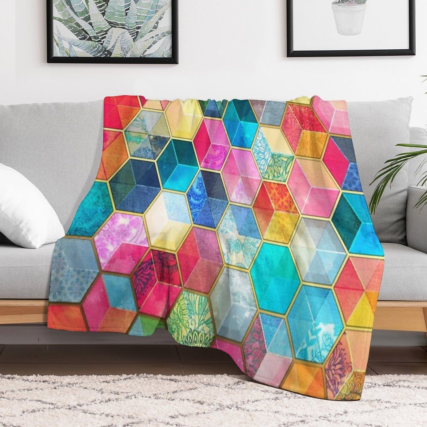 Crystal Bohemian Honeycomb Cubes - Colorful Hexagon Pattern Throw Blanket