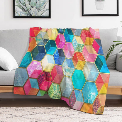 Crystal Bohemian Honeycomb Cubes - Colorful Hexagon Pattern Throw Blanket
