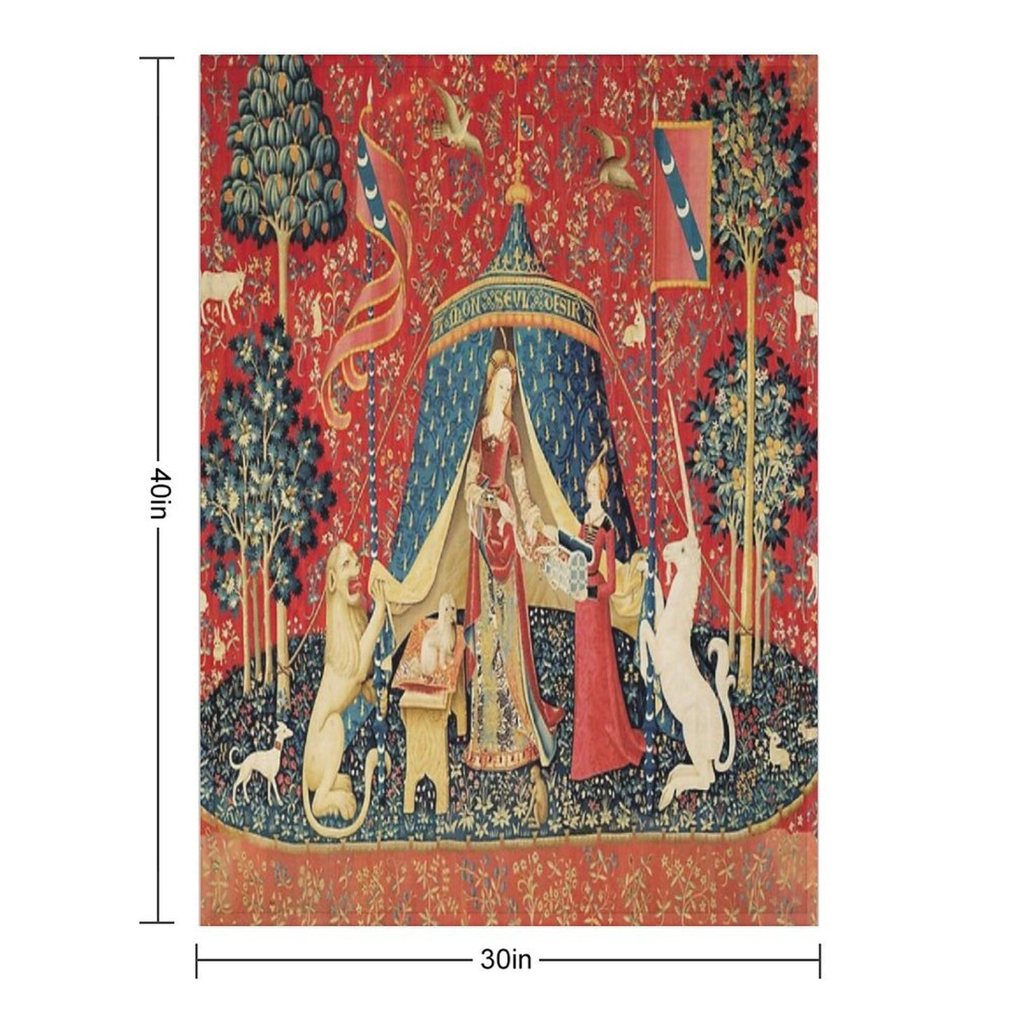 LADY AND THE UNICORN DESIRE ,Lion,Fantasy Flowers,Animals,Red Green Floral Tapestry Throw Blanket