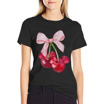 Retro Cute Mouse Ears Cherry Bow Coquette Womens T-Shirt