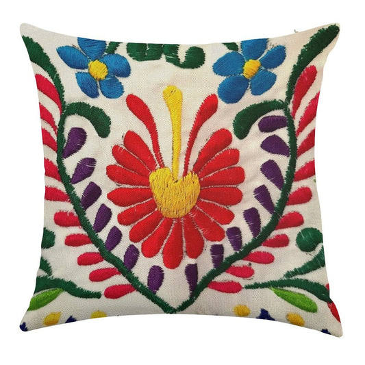 Mexican Flowers Linen Throw Pillow Cover