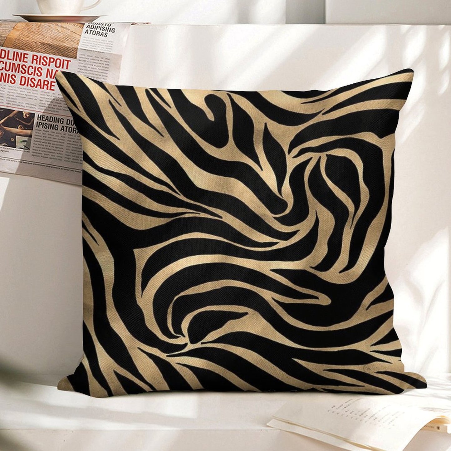 Elegant Metallic Gold Zebra Black Animal Print Linen Throw Pillow Cover