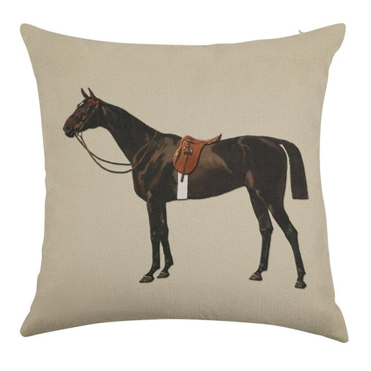 Vintage Equestrian Saddled Riding Horse Linen Throw Pillow Cover