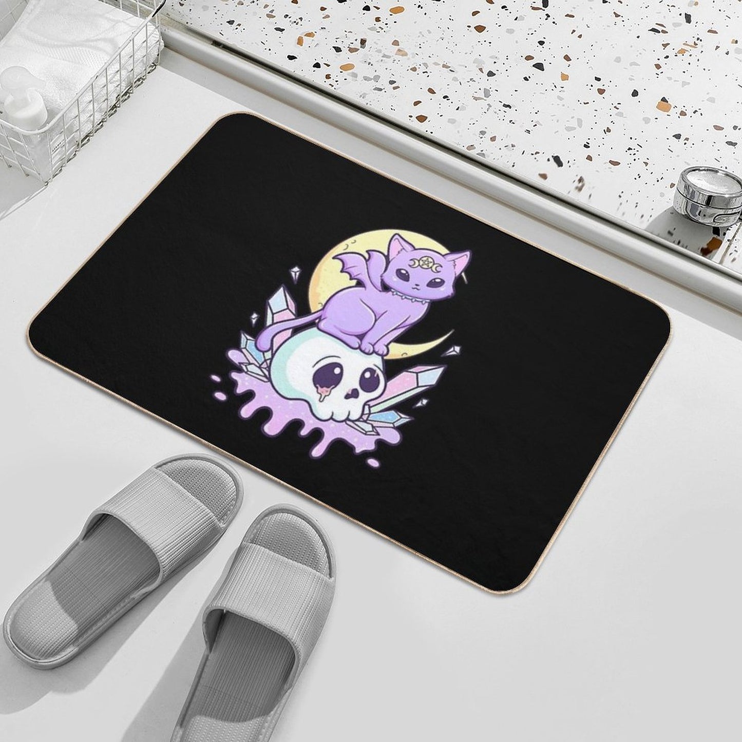 Kawaii Pastel Goth Cute Creepy Occult Cat And Skull Bath Mat