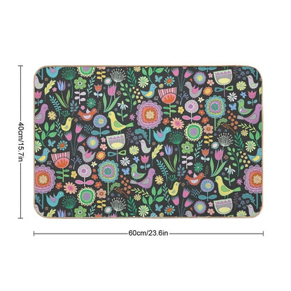 Birds And Blooms - Pastels on Black - Pretty Floral Bird Pattern by Cecca Designs  Rapid-Drying Bath Mat