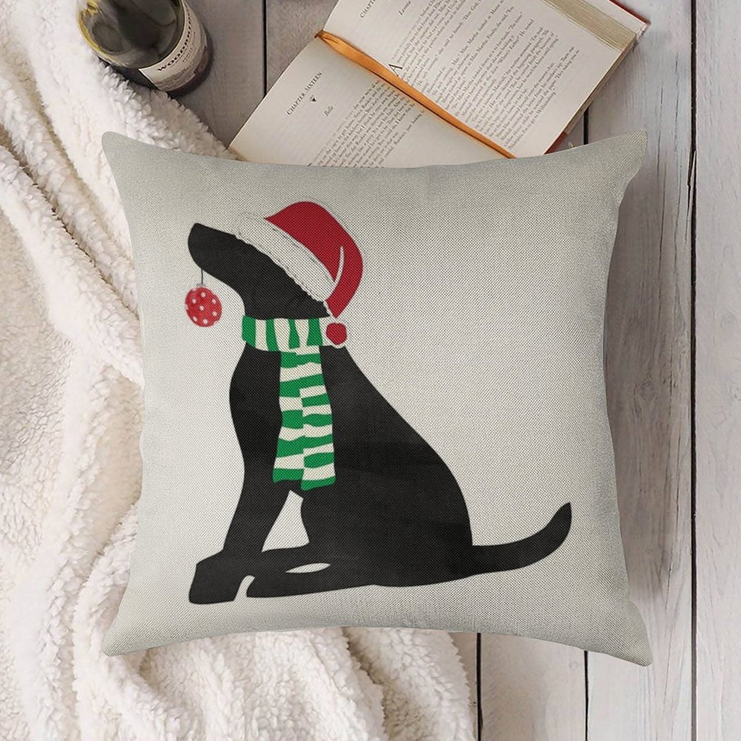 Christmas Black Lab Holiday Dog Linen Throw Pillow Cover