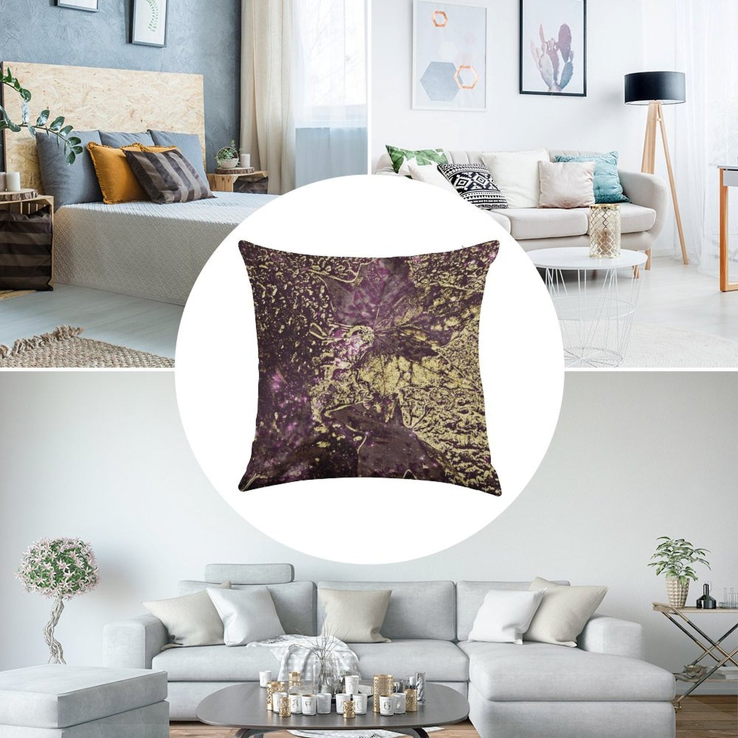 Two Purple Leaves in Melted Gold Linen Throw Pillow Cover