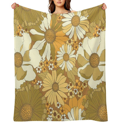 Brown, Orange, Ivory & Green Vintage Flower Pattern Throw Blanket
